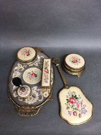 Vintage Embroidered Back, Gilt & Glass Dressing Table Set 