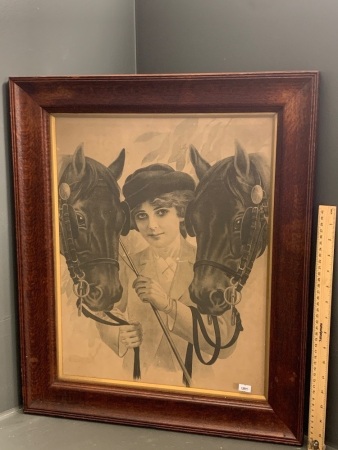 Antique Lady & Horses Print in Silky Oak Frame