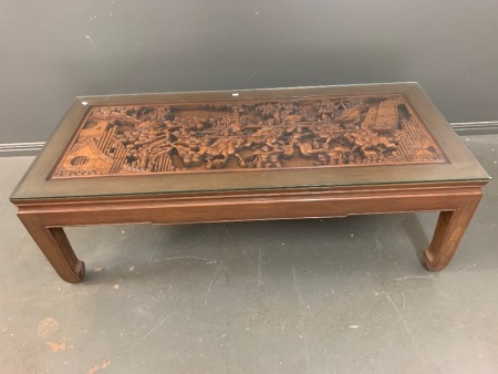 Chinese Timber Coffee Table with Carved Camphorwood Inset Top Panel and Glass Cover