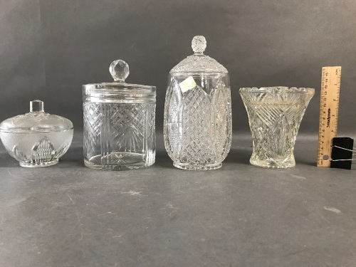 2 Glass Biscuit Barrels + Vase & Trinket Dish