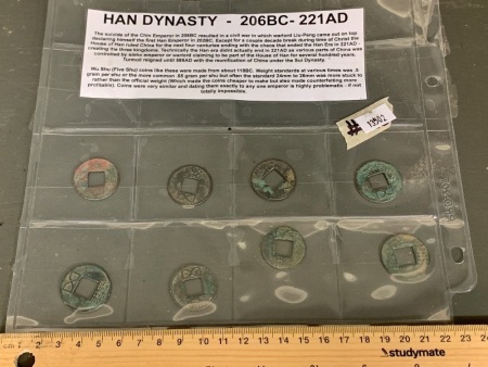 Collection of 8 Han Dynasty Chinese Coins 206BC-221AD