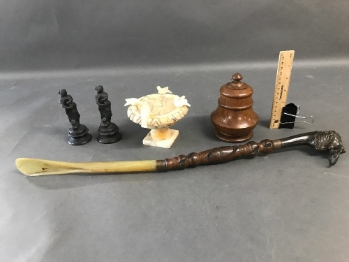 Job Lot inc. 2 Small Spelter Figures, Shoe Horn, Alabaster Bowl & Treen Pot