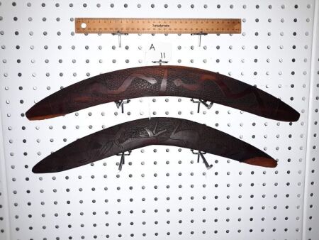 PAIR VINTAGE CARVED BOOMERANGS - DEPARTMENT NATIVE WELFARE WA - 1970'S. RARE. - CONDITION GOOD