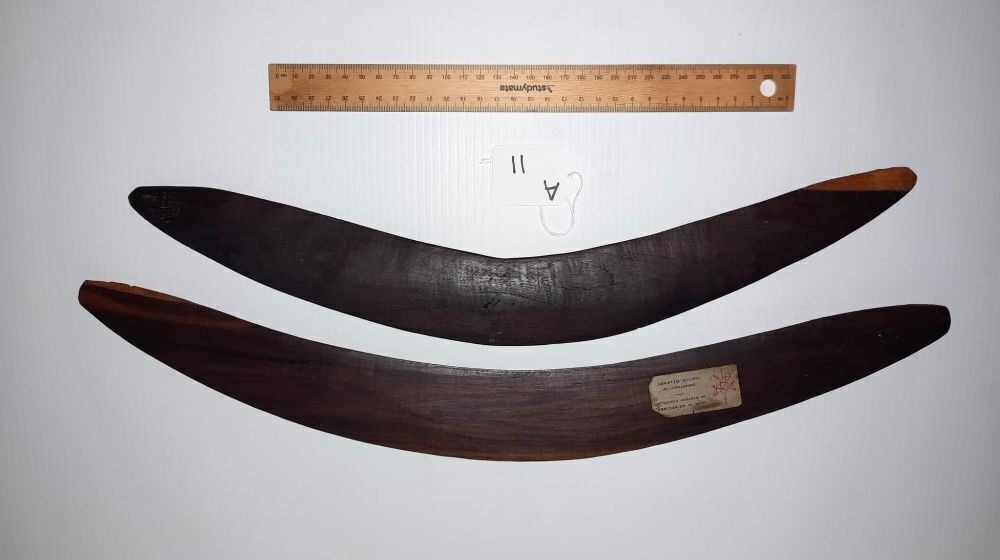 PAIR VINTAGE CARVED BOOMERANGS DEPARTMENT NATIVE WELFARE WA 1970'S. RARE. CONDITION GOOD