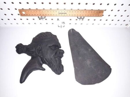 VINTAGE MALE ABORIGINA WALL PLAQUE, VINTAGE STONE AXE HEAD. - CONDITION GOOD