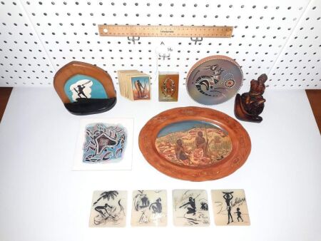 SELECTION VINTAGE / RETRO ABORIGINAL ITEMS - HAND PAINTED PLATE, RETRO JOHNSON TILE, RESIN MAN, PLAYING CARDS X 2, SET 4 GLASS COASTERS, SIGNED B. PORTEOUS 98 HANDMADE / PAINTED BOWL, HANDMADE / PAINTED PLAQUE. - CONDITION GOOD