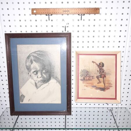 LONE MAITLAND SIGNED CHARCOAL DRAWING OF ABORIGINAL BOY + TOTEM DANCE VINTAGE FRAMED PRINT. - CONDITION GOOD