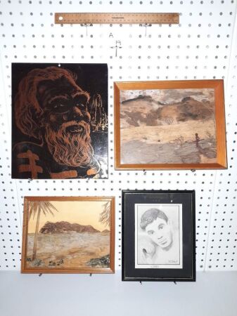 PAIR VINTAGE BARK PAINTINGS, LIONEL ROSE PENCIL DRAWING, RETRO MALE ABORIGINAL PRINT. - CONDITION GOOD