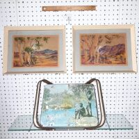 PAIR OF NAMASERRA FRAMED PRINTS, WILLOW TIN WITH HANDLES - ABORIGINAL SCENE LID. - CONDITION FAIR