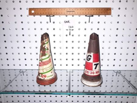 VINTAGE G.T. 20/30 MS AND CASTROL CASTROLITE METAL OIL BOTTLE POURERS. - CONDITION FAIR