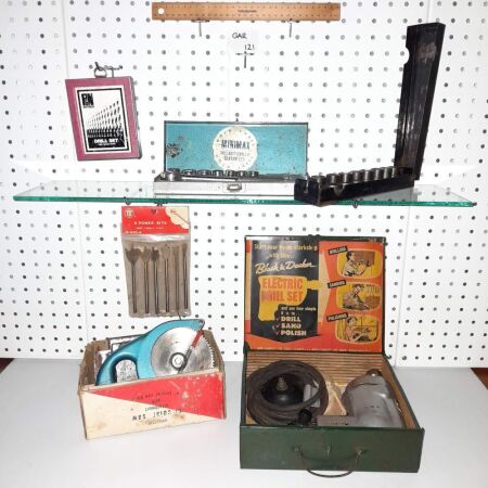 VINTAGE BLACK & DECKER DRILL/STEEL CASE, SAW ACCESSORY, DRILLS/CASE, DRILL BIT SET, MINIMAX SOCKET SET, ALLEN KEY SOCKET SET. - CONDITION GOOD