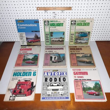 VALIANT 6 CYLINDER, HOLDEN HQ COMMODORE 6 CYLINDER X 5, GEMINI X 2, RODEO MANUALS. - CONDITION GOOD