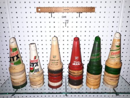 RETRO OIL BOTTLE POURERS, PLASTIC, BP, CASTROL. 37 OF. - CONDITION FAIR