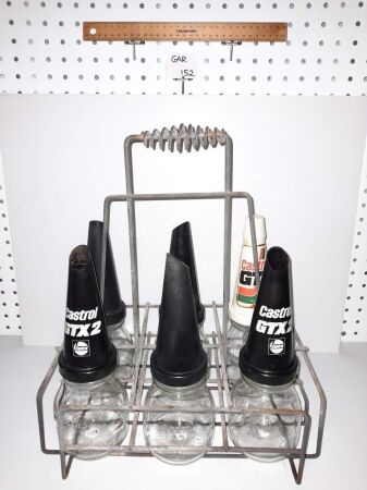 VINTAGE GALVANISED SERVICE STATION RACK / CARRIER COMPLETE WITH 6 X 500ML OIL BOTTLES WITH PLASTIC POURERS. - CONDITION GOOD