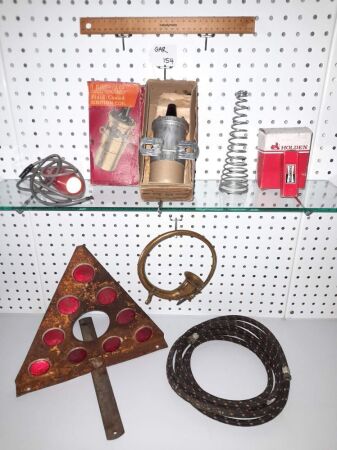 VINTAGE LUCAS COIL, TIMING LIGHT, PARTS, SAFETY TRIANGLE, AIR HOSE, BRASS HORN. - CONDITION FAIR