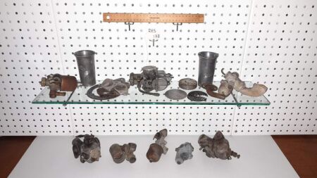 SELECTION OF ANTIQUE / VINTAGE MOTORCYCLE CARBORATORS, RARE RACING AIR TUBES, GASKETS. - CONDITION FAIR