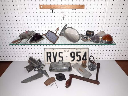 COLLECTION ANTIQUE / VINTAGE CAR PARTS and BLACK / WHITE S.A NUMBER PLATE. (ALL IN WOOD BOX) - CONDITION FAIR