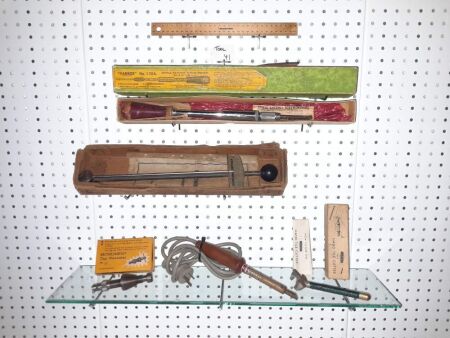 LOT OF VINTAGE TOOLS, ORIGINAL BOXES. TENSION WRENCH, RATCHET SCREWDRIVER, TAP RE-SET TOOL, SOLDERING IRON, TILE CUTTER - CONDITION GOOD