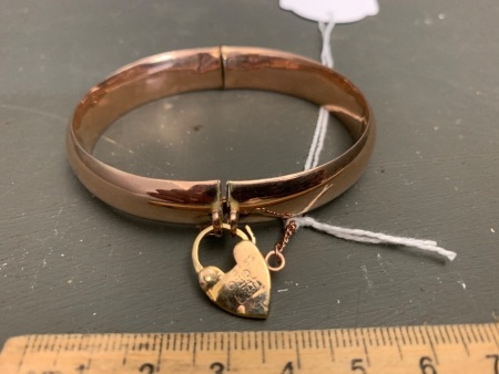 Vintage 9ct Rose Gold Hollow Bangle with Yellow Gold Monogrammed Padlock