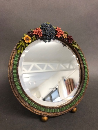 Vintage Small Round Bevelled Mirror in Metal Flowered Frame