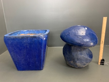 Large Blue Glazed Toadstool and Matching Tapered Pot