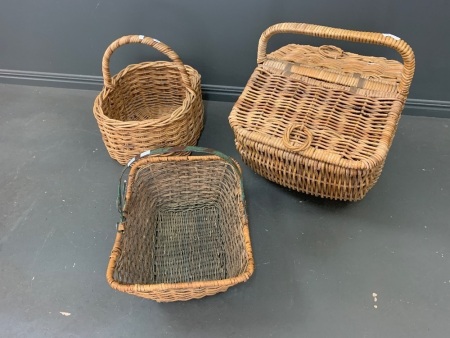 3 Asstd Wicker Baskets inc. XL Picnic Basket