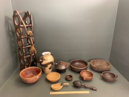 Asstd Lot of Carved and Pottery Tribal Bowls + Timber Wine Rack & Dragon Vase