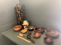 Asstd Lot of Carved and Pottery Tribal Bowls + Timber Wine Rack & Dragon Vase - 2