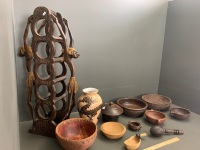 Asstd Lot of Carved and Pottery Tribal Bowls + Timber Wine Rack & Dragon Vase - 3