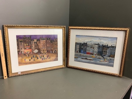 Pair of Framed French Watercolours - Canal Scene - Merry Dance - Signed Victaire