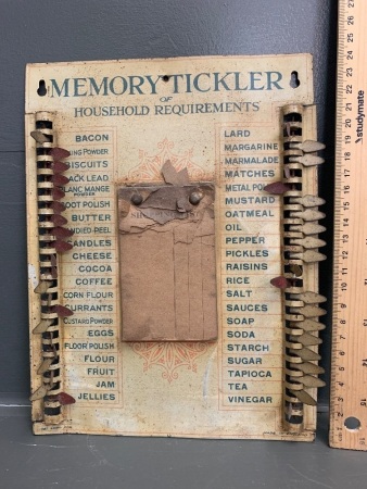 Antique Screen Printed Tin Memory Tickler of Household Requirements with Original Paper Shopping List Pad