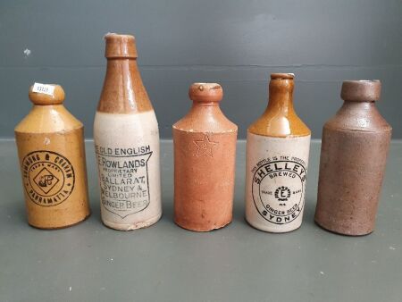 Five Vintage Sydney Ginger Beer Bottles inc. Shellys, Rowlands, Summons and Graham, Starkeys