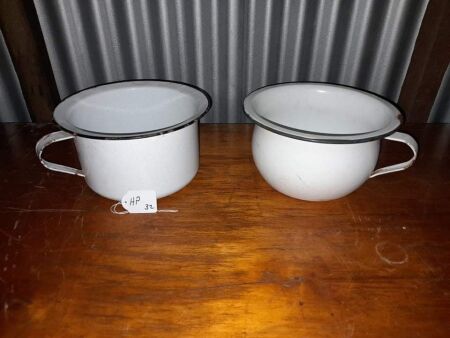 2 X VINTAGE WHITE ENAMEL POTTIES. - CONDITION GOOD