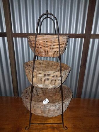 IRON FRAME AND CANE BASKET DISPLAY / STORAGE UNIT - CONDITION GOOD