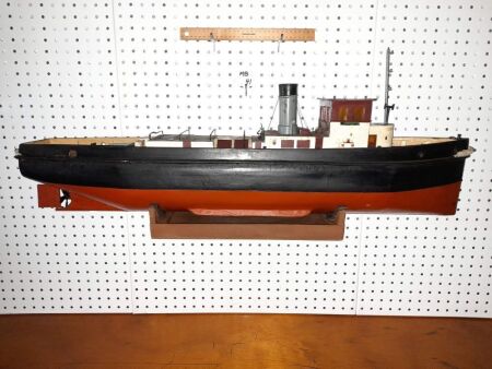 VINTAGE HANDMADE TIMBER 'BULK CARRIER' SHIPS MODEL/STAND. 980 LONG X 190 WIDE. - CONDITION FAIR