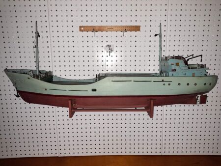 VINTAGE HANDMADE TIMBER 'BULK CARRIER' 'MERCANTIC' WITH STAND. 970 LONG X 190 WIDE. - CONDITION GOOD