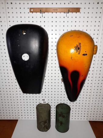 CUT DOWN HARLEY TANK, PLASTIC 'PEANUT' TANK, 2 X SMALL ENGINE FUEL TANKS. - CONDITION FAIR