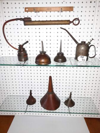 COLLECTION OF VINTAGE OIL CANS (4), HANDMADE COPPER FUNNEL, 2 X SMALL FUNNELS, BRASS VACUME PUMP, 'EAGLE' USA OIL CAN. - CONDITION GOOD