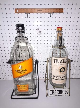 VINTAGE 'TEACHERS' WHISKEY BARTOP CRADLE / BOTTLE WITH SIGNAGE - 450 HIGH, BUNDY RUM BARTOP CRADLE / BOTTLE - 460 HIGH - CONDITION GOOD