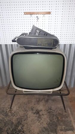 VINTAGE 1960'S 'PYE' TELEVISION AND STAND. RETRO 1980'S 'NATIONAL' PORTABLE TV / RADIO. - CONDITION FAIR