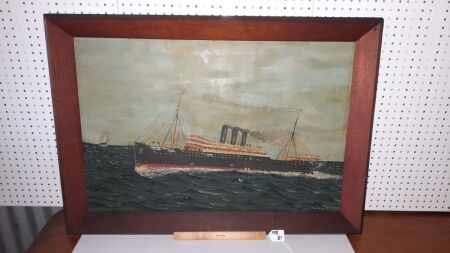 VINTAGE HAND PAINTED PICTURE OF OCEAN LINER 'COLUMBIA', STEAM - CONDITION FAIR