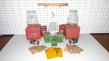 VINTAGE, NEW OLD STOCK, KEROSINE / GAS LANTERN CHIMNEYS AND MANTLES. - CONDITION GOOD