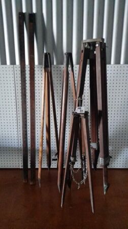 VINTAGE SURVEYORS TIMBER TRIPODS X 4, ANTIQUE 2 PART SURVEYORS STAFF. - CONDITION GOOD