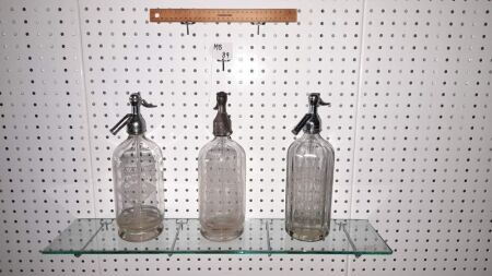 TRIO OF ANTIQUE SODA SYPHONS - 'THOMSONS LONDON', SCHWEPPES', 'LANE'S LTD LONDON'. - CONDITION GOOD