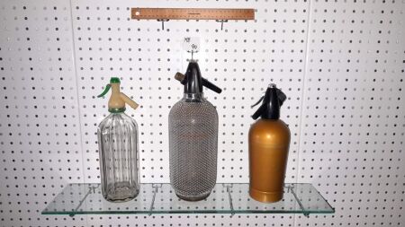 TRIO ANTIQUE / VINTAGE / RETRO SODA SYPHONS - RED RING SYPHON - STAMPED 1927. - CONDITION GOOD