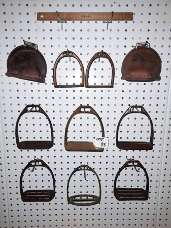 SELECTION VINTAGE STIRUPS, CHILDS LEATHER, STEEL PAIRS, 6 X ADULT STIRUPS. - CONDITION GOOD