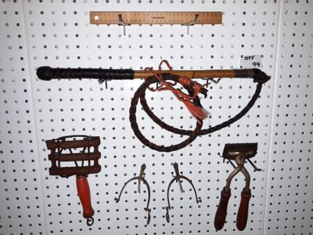 VINTAGE STOCKWHIP, SET SPURS, CURRY COMB AND HAND CROPPING' SHEARS. - CONDITION GOOD