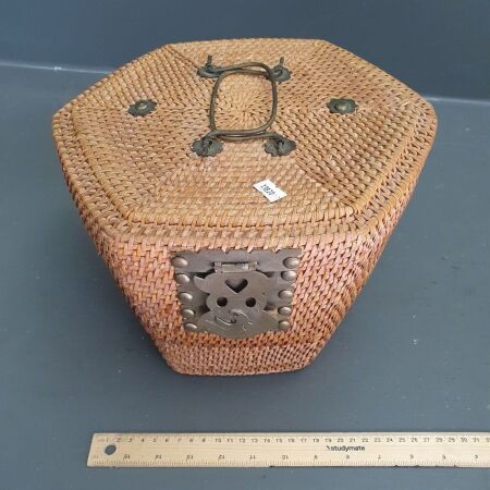 Chinese Woven Silk Lined Tiffin Basket with Tea Pot and 2 Cups