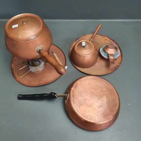 Lot of Vintage Copper inc. Fondue Set, Saucepan, 2 Trays and Crepe Pan