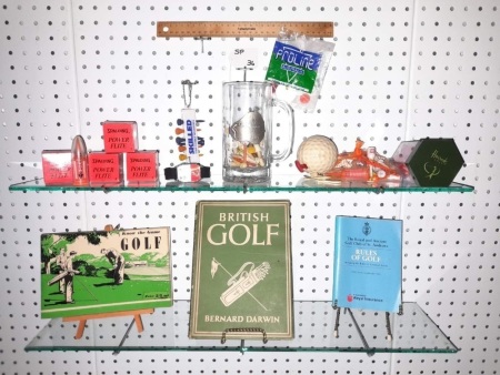 SELECTION VINTAGE GOLFING ITEMS, WOOD/PLASTIC ADVERTISING TEES, BOOKS, NEW GOLF BALLS, GOLF COUNTER WATCH - CONDITION GOOD